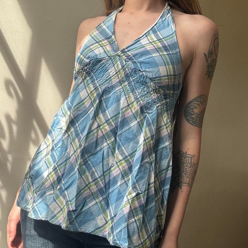 Vintage SO! Wear It Declare It Blue Plaid Halter Top Small Y2K - Picture 3 of 3